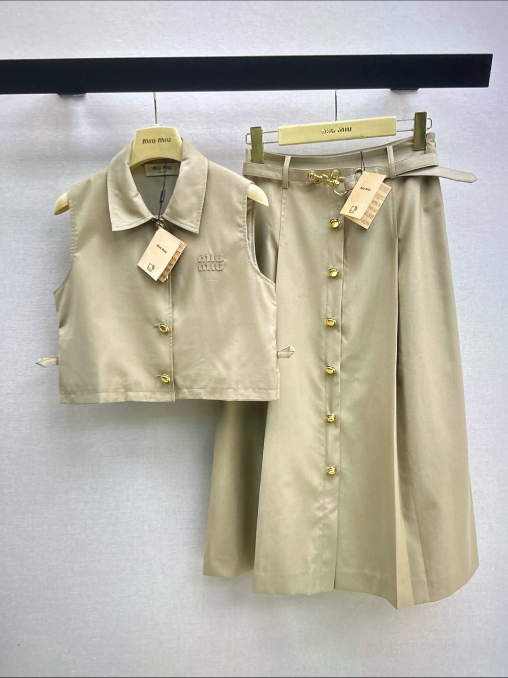 Miu Miu Beige Set Sleeveless Vest + Belted Midi Skirt Only Tried-On